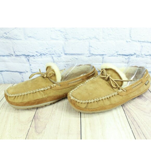 LL Bean Brown Suede Wicked Good Shearling Lined Moccasin Slippers Size 13 M - Picture 2 of 9